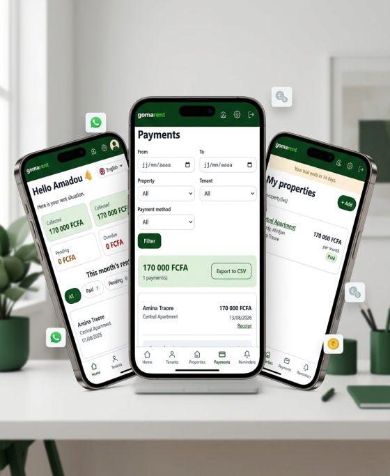 ثلاثة هواتف تعرض GomaRent: لوحة إيجارات الشهر، وقائمة المدفوعات مع مرشحاتها، وقائمة العقارات.